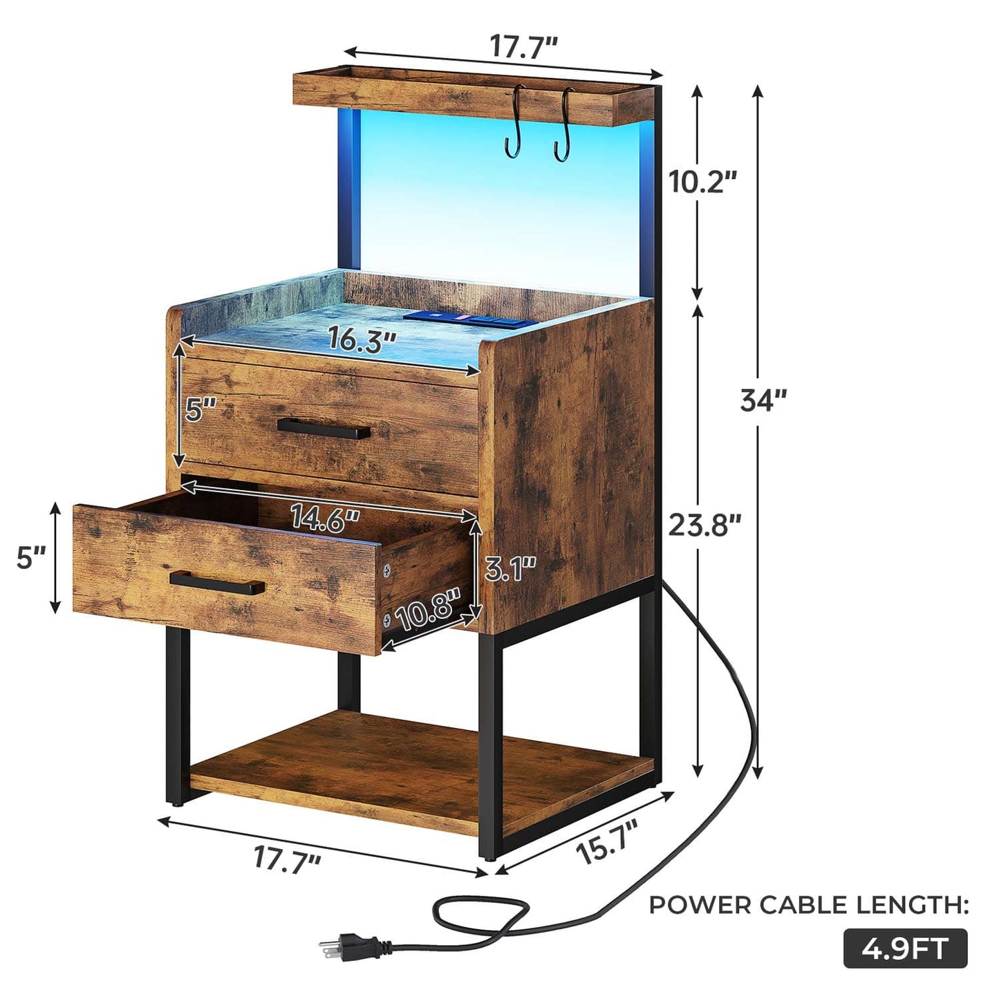 AOGLLATI Nightstands Rustic Brown / Metal / Modern AOGLLATI Nightstand with LED Lights and Charging Station Rustic Brown