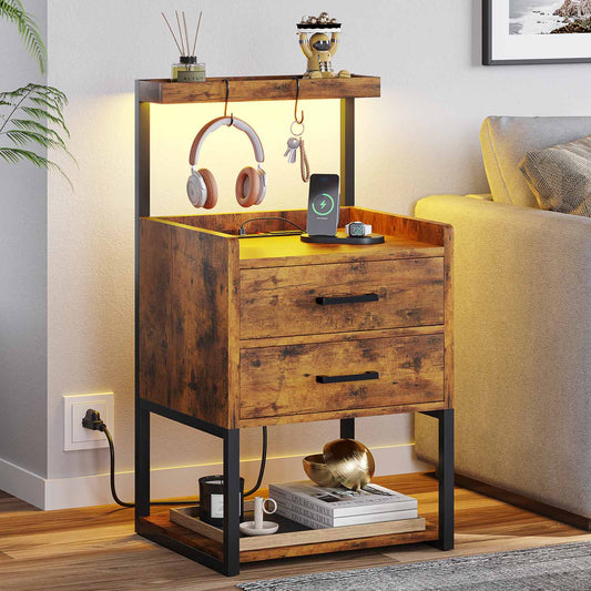 AOGLLATI Nightstands Rustic Brown / Metal / Modern AOGLLATI Nightstand with LED Lights and Charging Station Rustic Brown