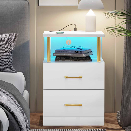 AOGLLATI Nightstands White / Engineered Wood / Modern AOGLLATI Nightstand with Charging Station and LED Lights White