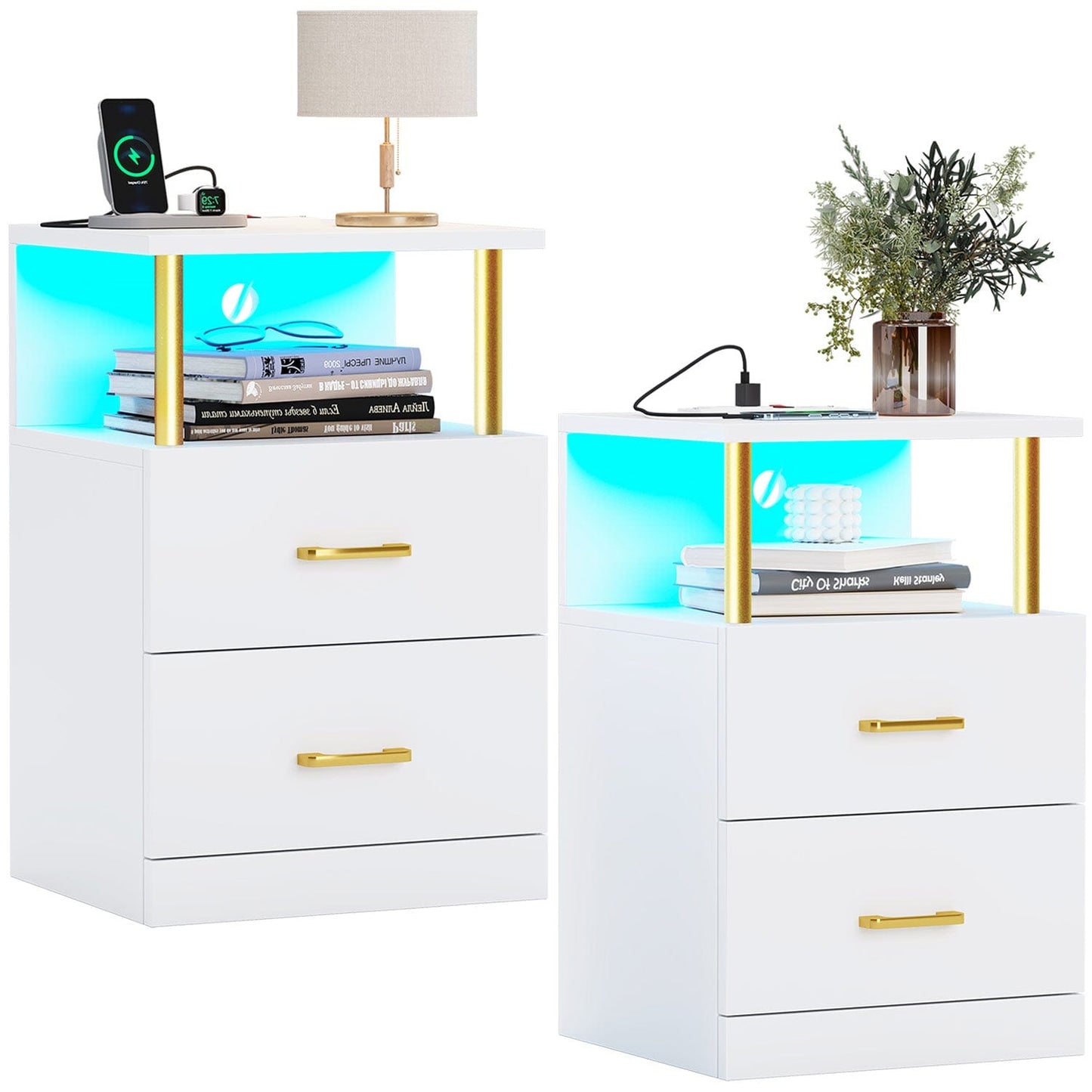 AOGLLATI Nightstands White / Engineered Wood / Modern AOGLLATI Nightstand with Charging Station and LED Lights White