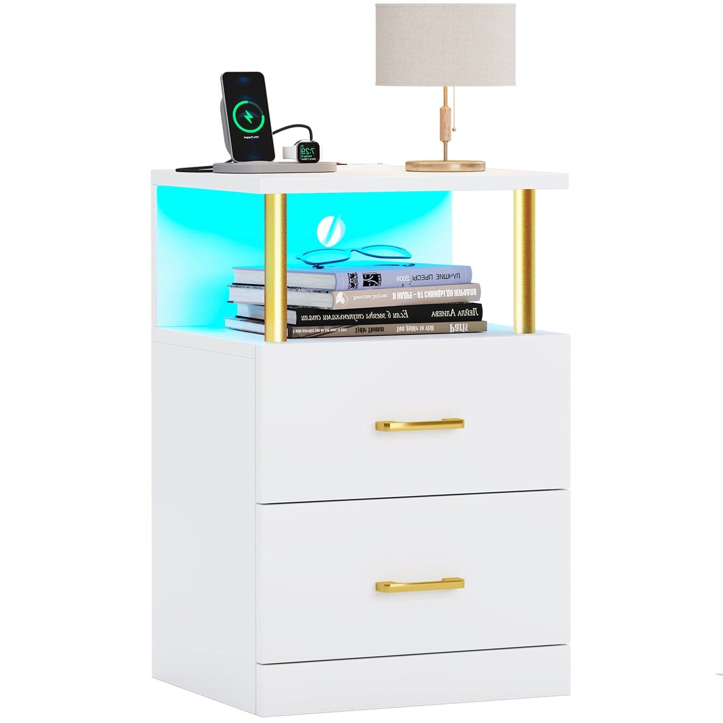 AOGLLATI Nightstands White / Engineered Wood / Modern AOGLLATI Nightstand with Charging Station and LED Lights White