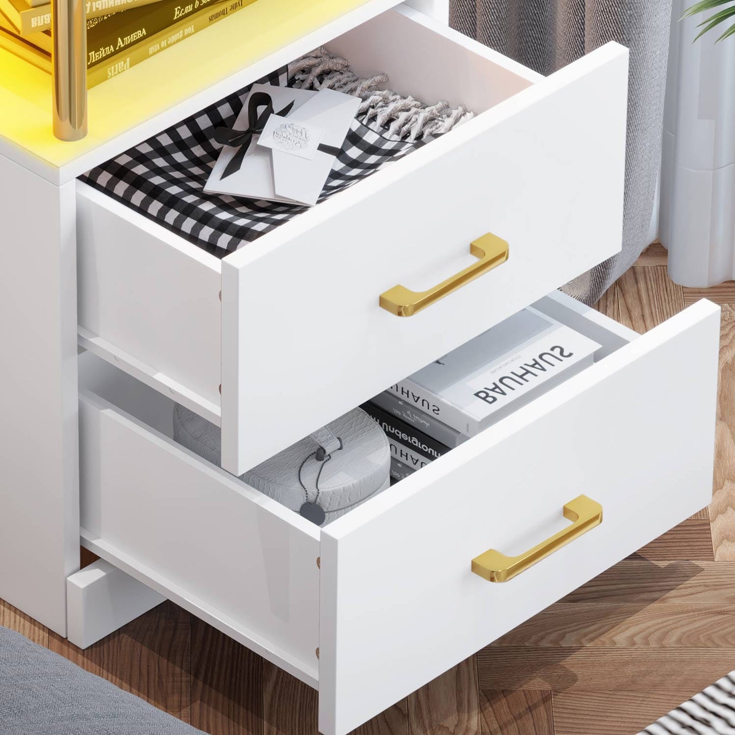 AOGLLATI Nightstands White / Engineered Wood / Modern AOGLLATI Nightstand with Charging Station and LED Lights White