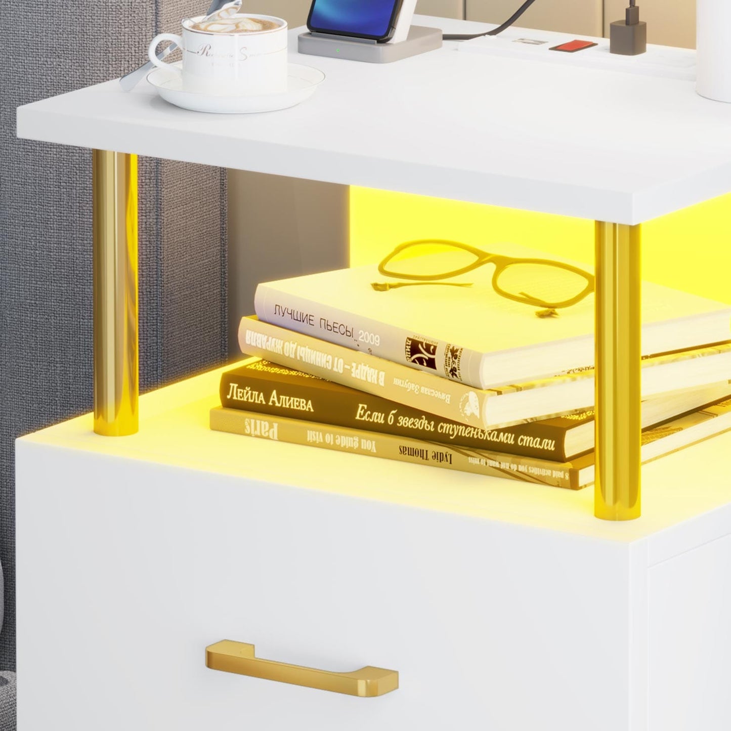 AOGLLATI Nightstands White / Engineered Wood / Modern AOGLLATI Nightstand with Charging Station and LED Lights White