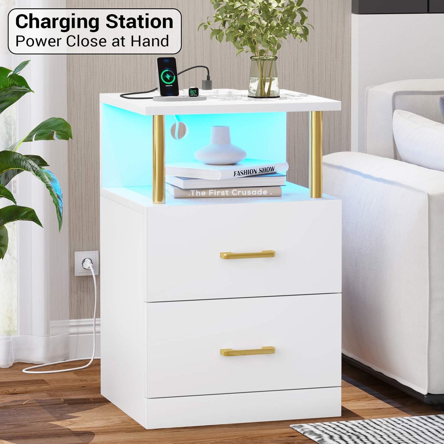 AOGLLATI Nightstands White / Engineered Wood / Modern AOGLLATI Nightstand with Charging Station and LED Lights White