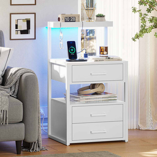 AOGLLATI Nightstands White / Metal / Modern AOGLLATI Nightstand with Charging Station and LED Lights White