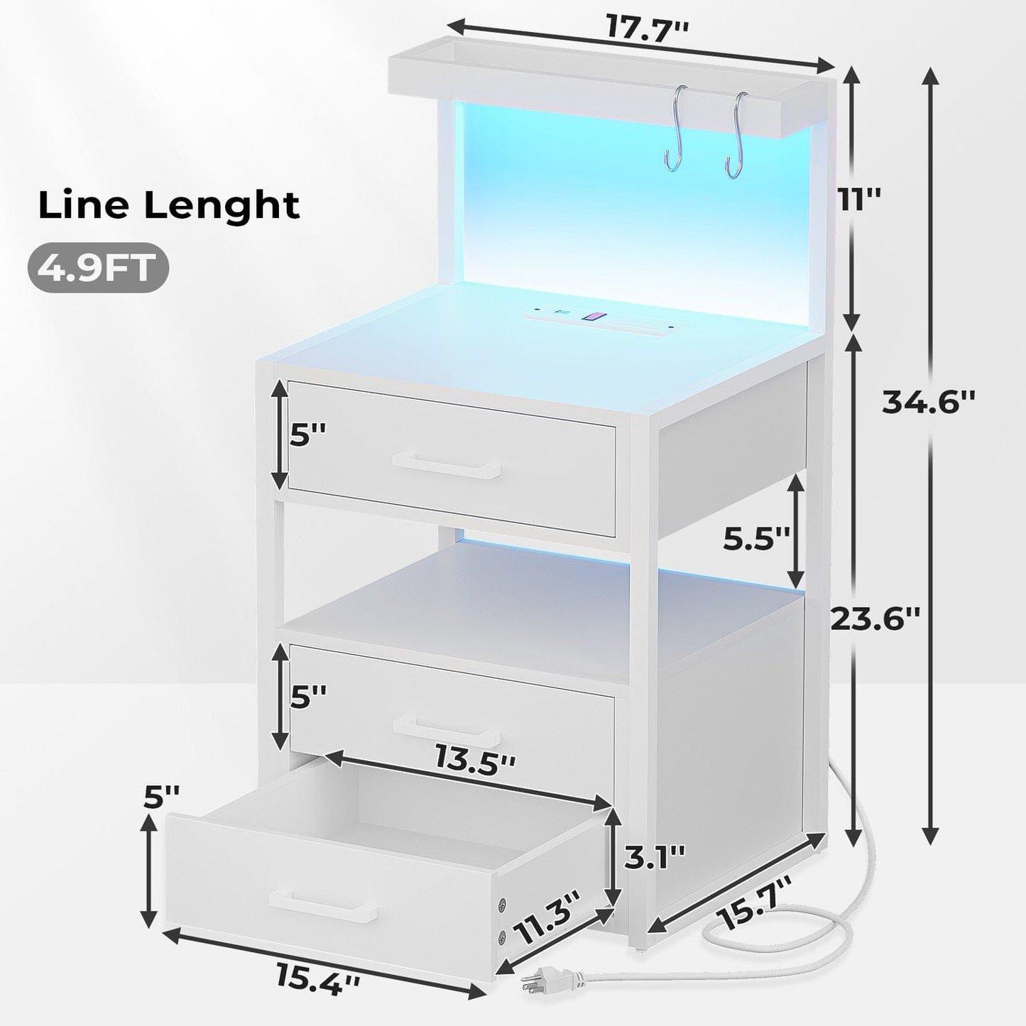 AOGLLATI Nightstands White / Metal / Modern AOGLLATI Nightstand with Charging Station and LED Lights White