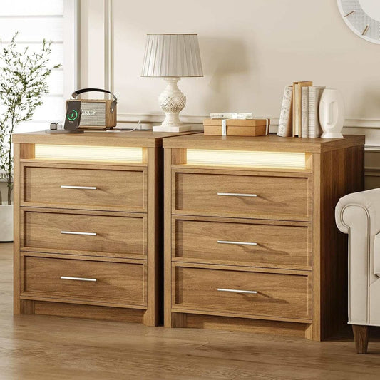 AOGLLATI Nightstands Wood / Engineered Wood / Mid-Century Modern AOGLLATI 2PCS Lighted Nightstand with 3 Drawer Wood