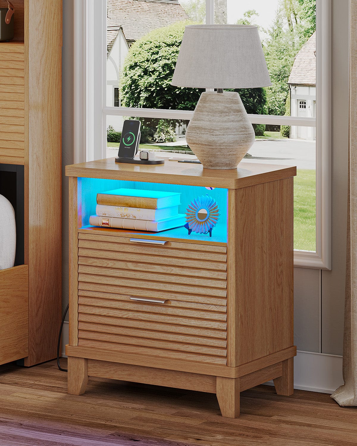 AOGLLATI Nightstands Wood / Engineered Wood / Mid-Century Modern Fluted Nightstand with LED Lights