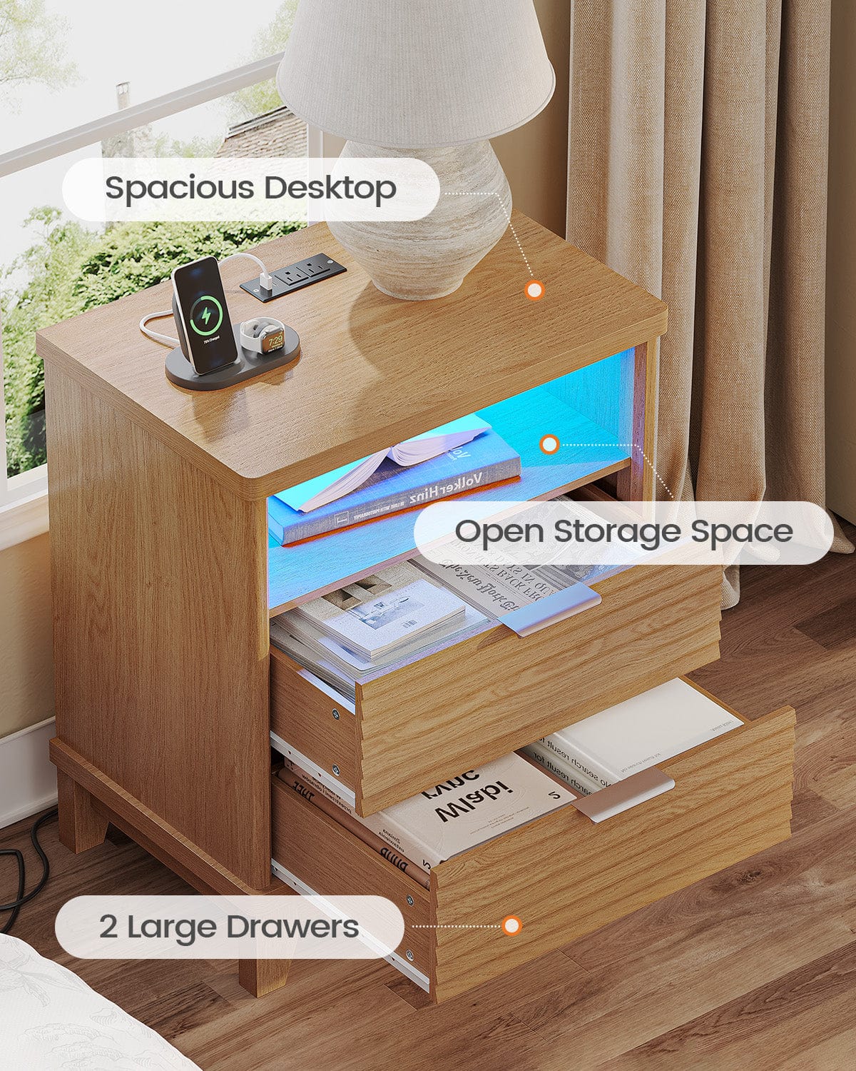 AOGLLATI Nightstands Wood / Engineered Wood / Mid-Century Modern Fluted Nightstand with LED Lights