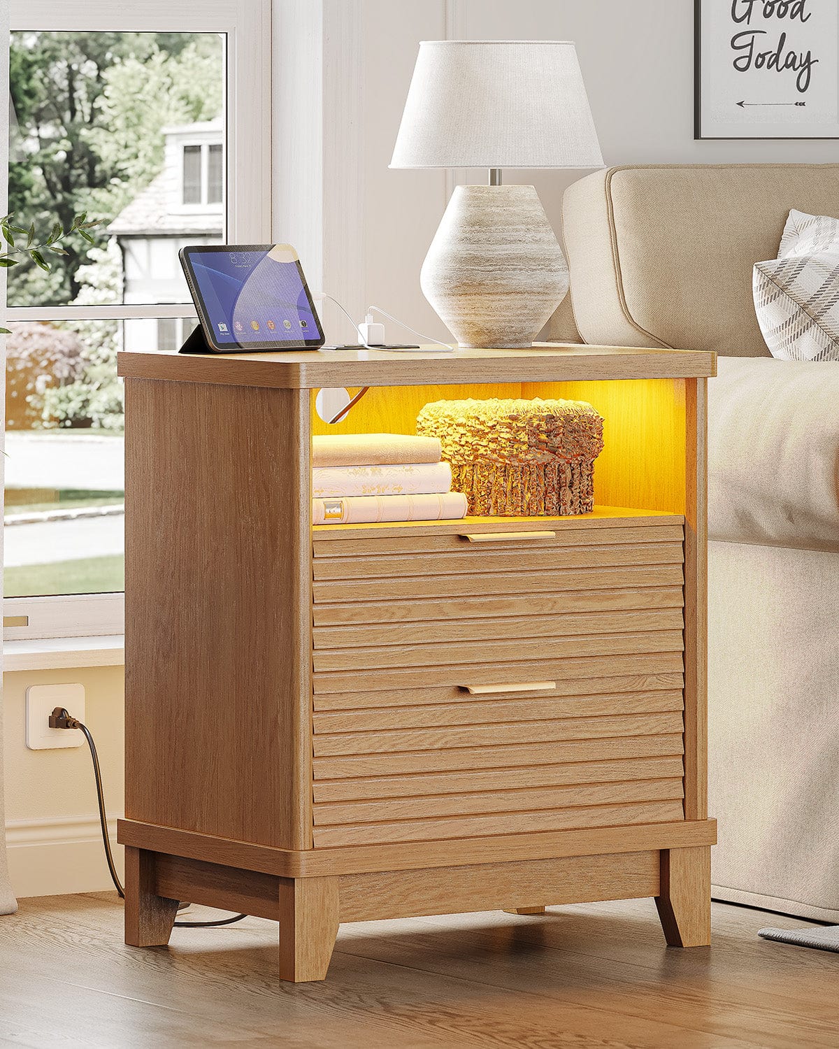 AOGLLATI Nightstands Wood / Engineered Wood / Mid-Century Modern Fluted Nightstand with LED Lights