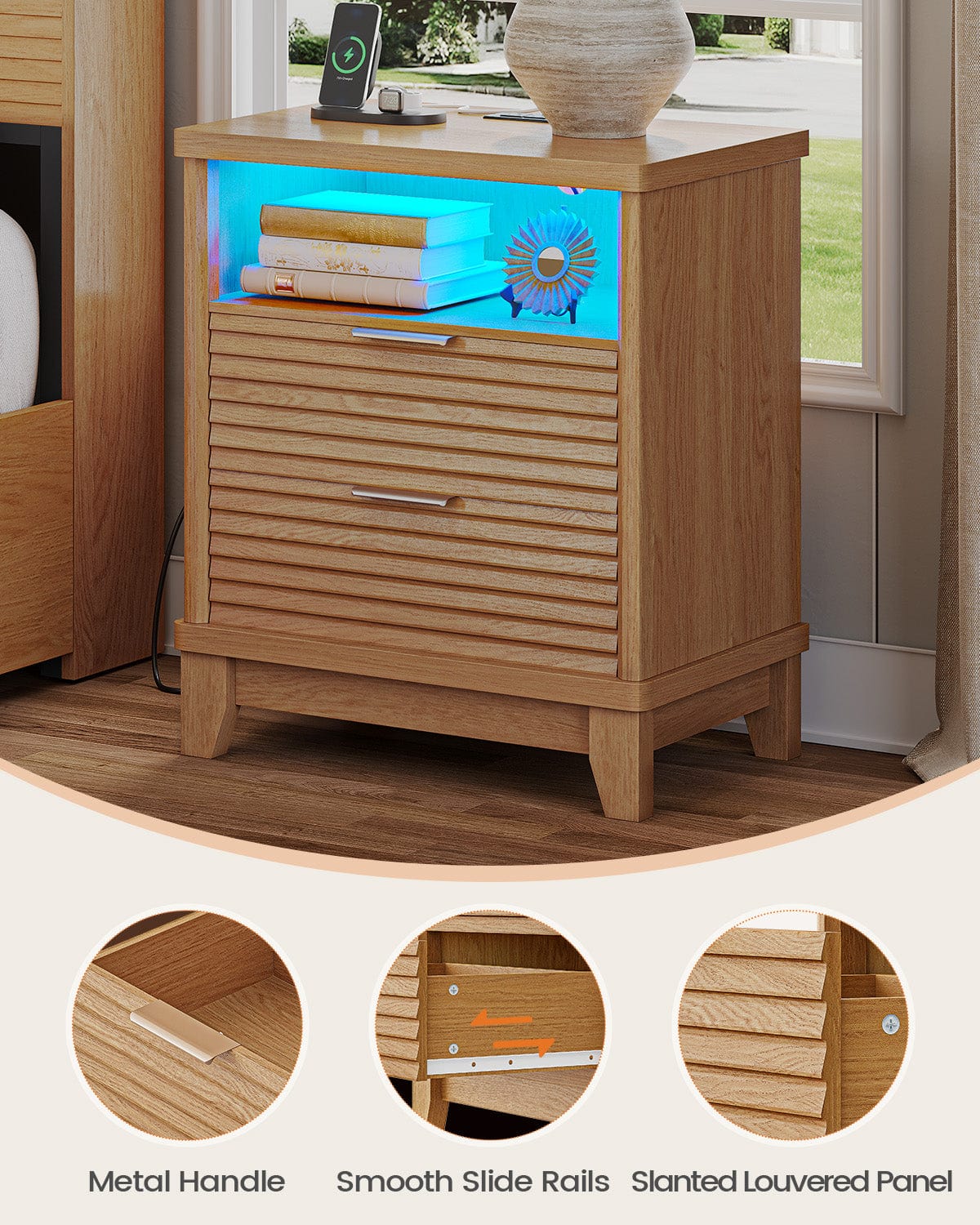 AOGLLATI Nightstands Wood / Engineered Wood / Mid-Century Modern Fluted Nightstand with LED Lights