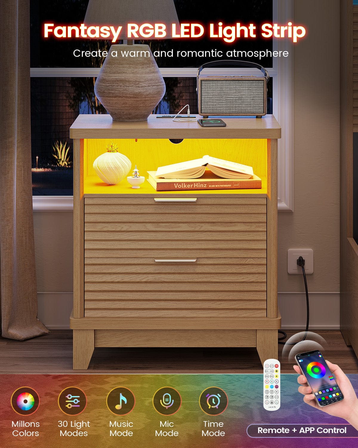AOGLLATI Nightstands Wood / Engineered Wood / Mid-Century Modern Fluted Nightstand with LED Lights