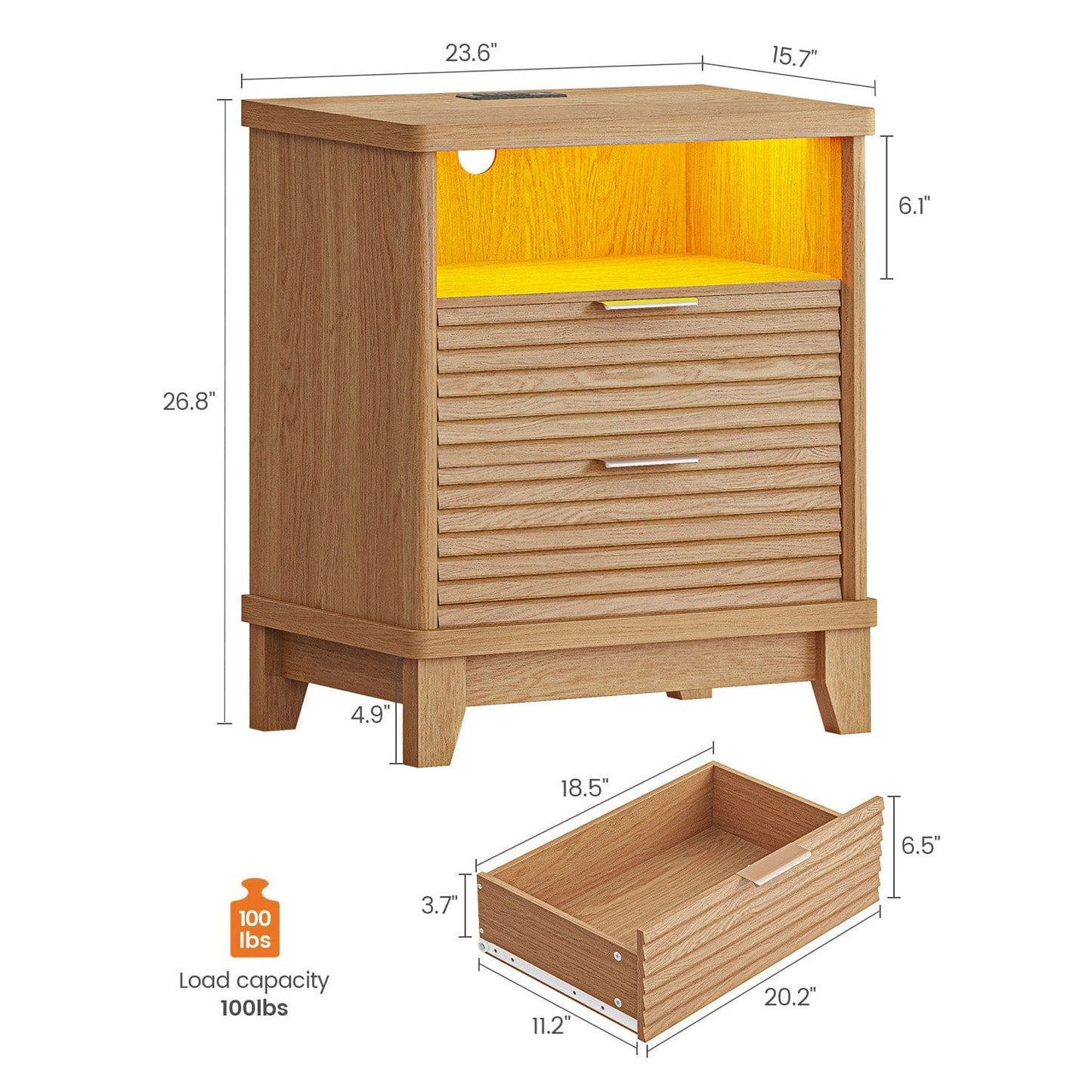 AOGLLATI Nightstands Wood / Engineered Wood / Mid-Century Modern Fluted Nightstand with LED Lights