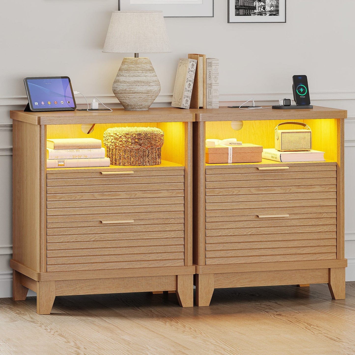 AOGLLATI Nightstands Wood / Engineered Wood / Mid-Century Modern Fluted Nightstand with LED Lights