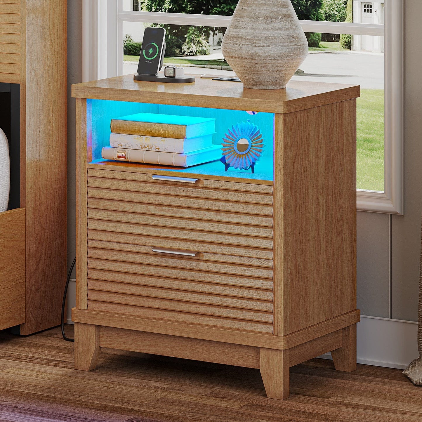 AOGLLATI Nightstands Wood / Engineered Wood / Mid-Century Modern Fluted Nightstand with LED Lights