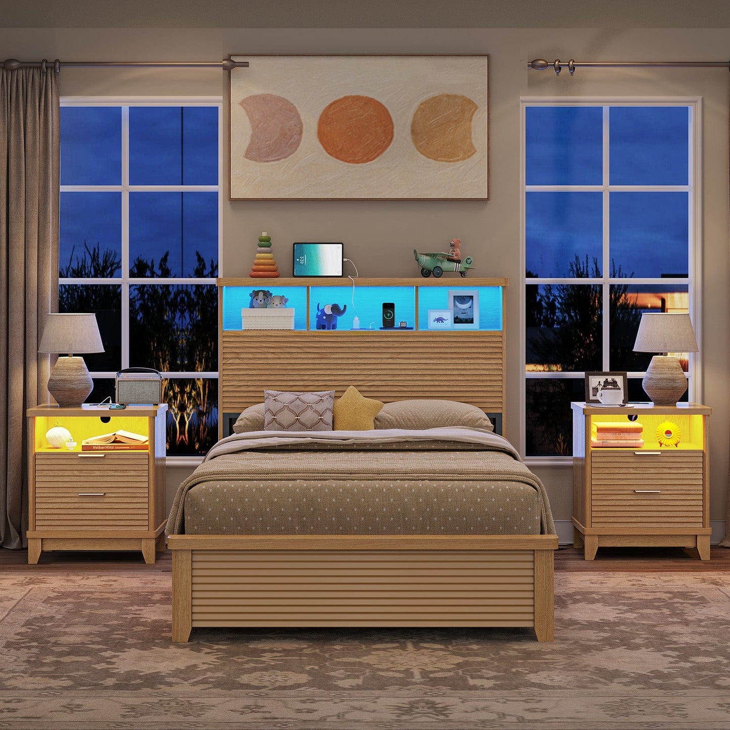 AOGLLATI Nightstands Wood / Engineered Wood / Mid-Century Modern Fluted Nightstand with LED Lights