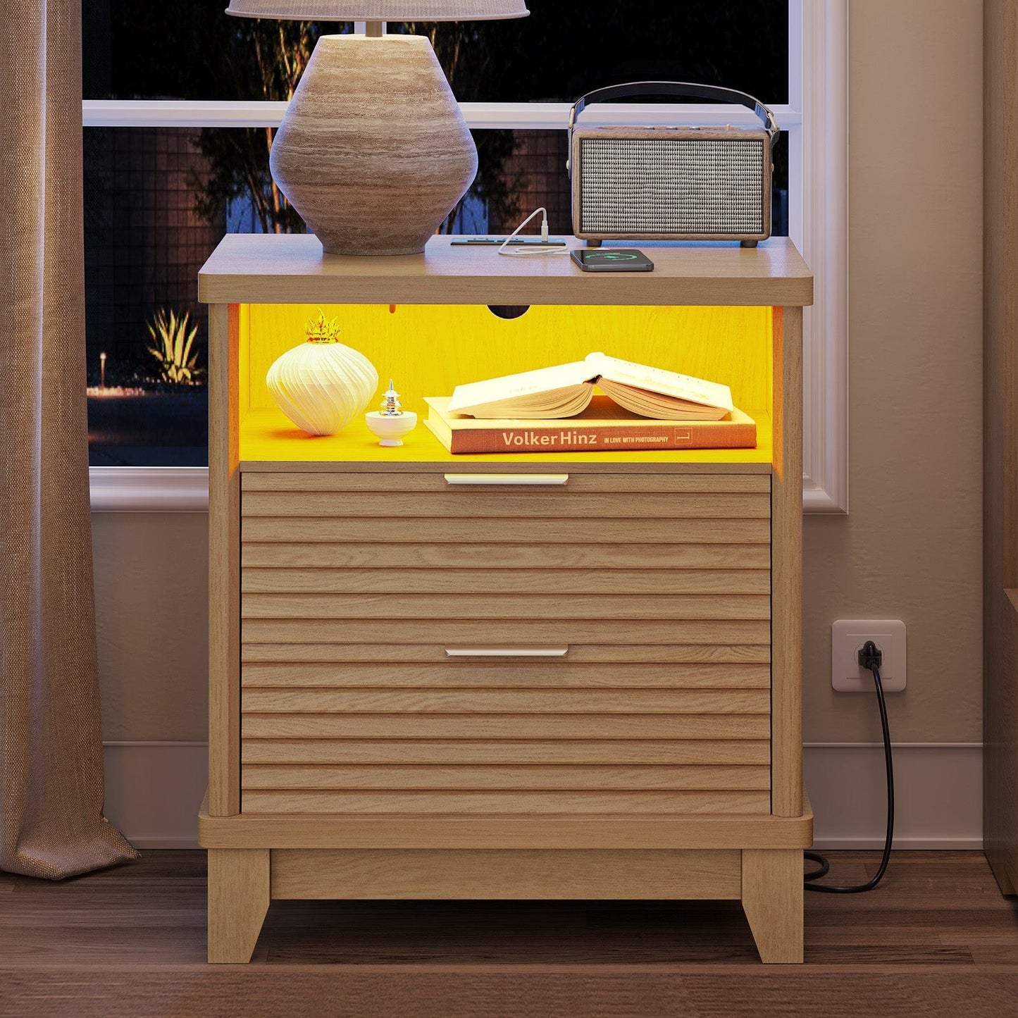 AOGLLATI Nightstands Wood / Engineered Wood / Mid-Century Modern Fluted Nightstand with LED Lights
