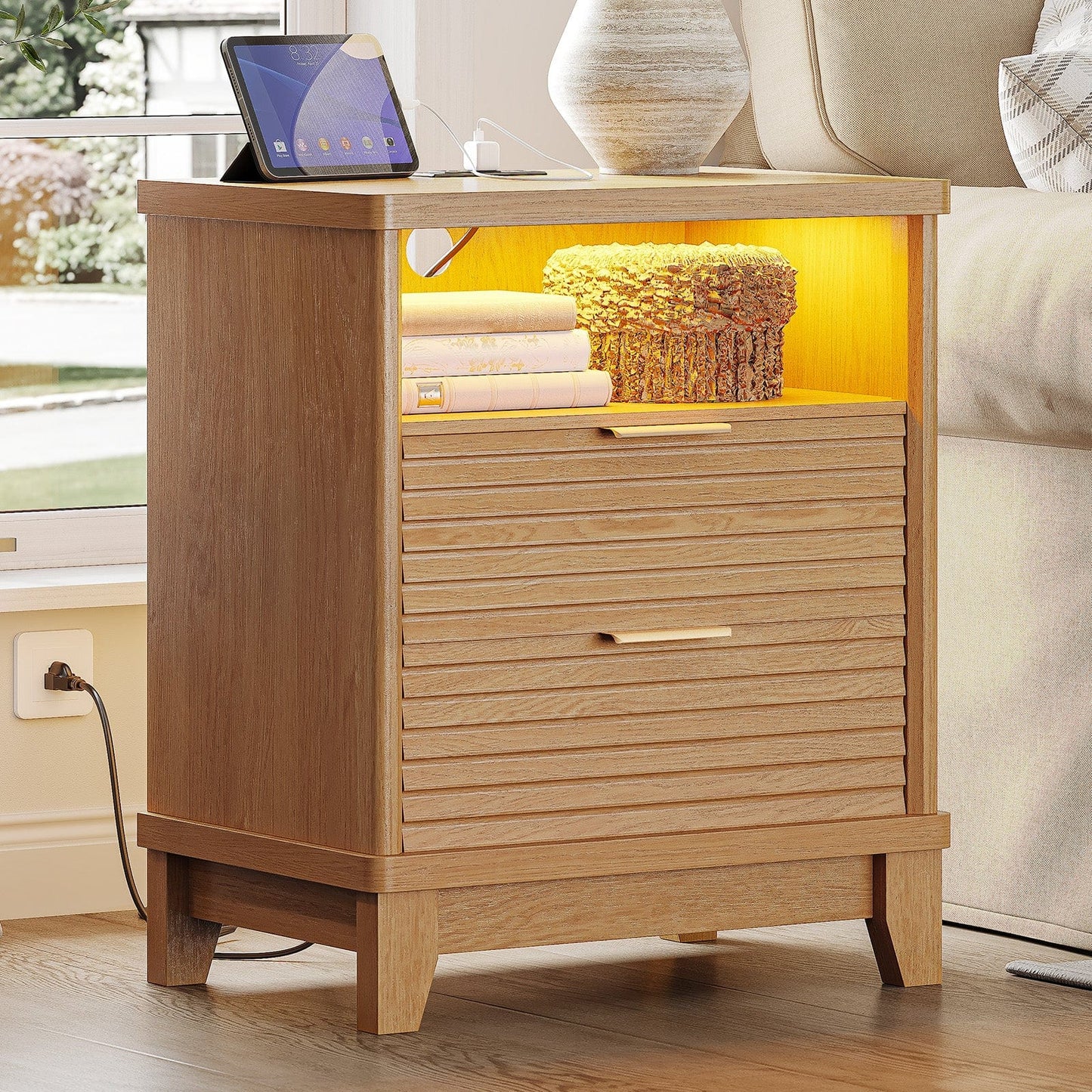 AOGLLATI Nightstands Wood / Engineered Wood / Mid-Century Modern Fluted Nightstand with LED Lights