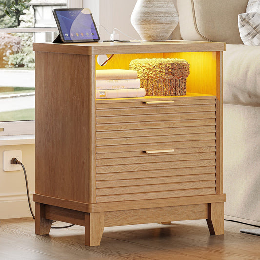 AOGLLATI Nightstands Wood / Engineered Wood / Mid-Century Modern Fluted Nightstand with LED Lights