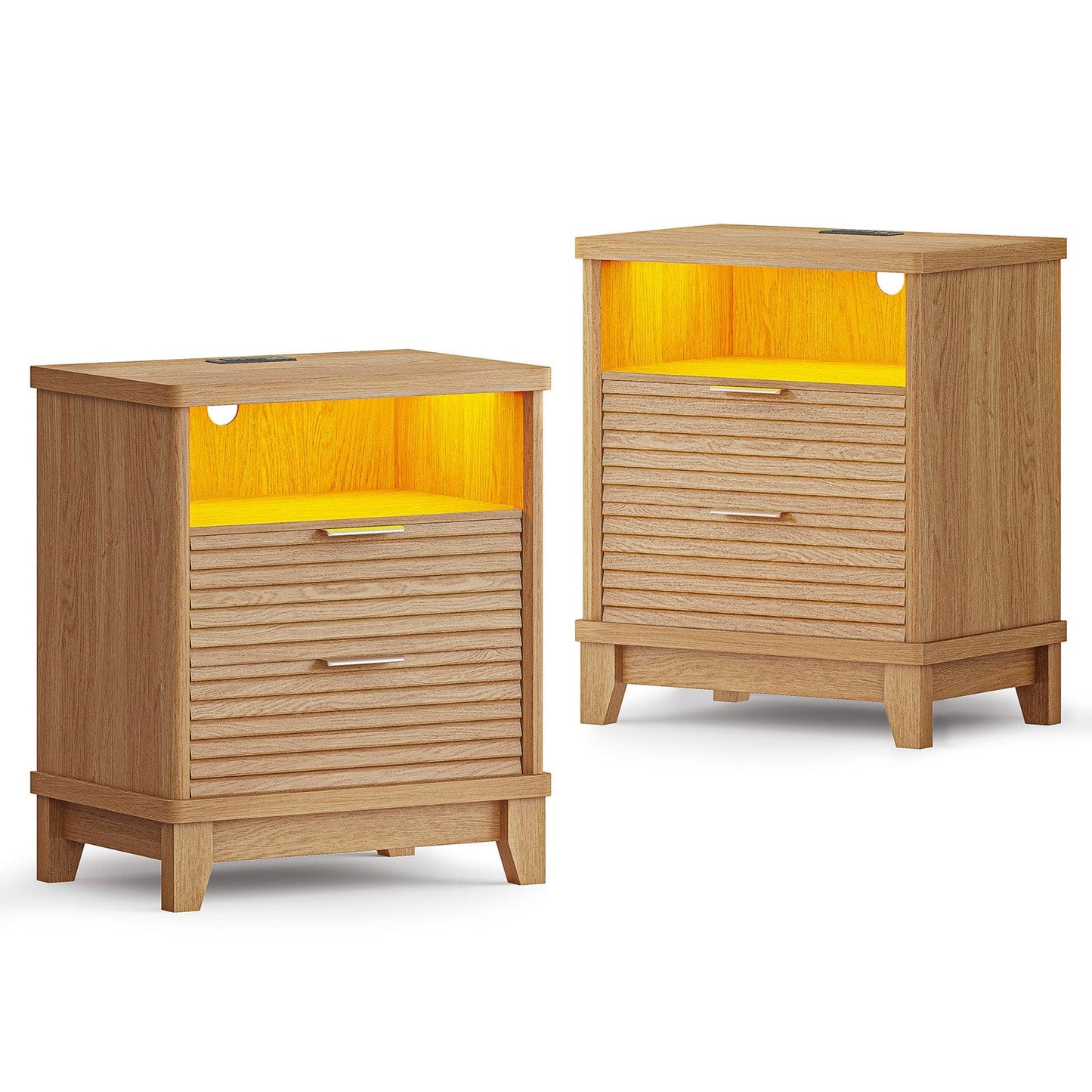 AOGLLATI Nightstands Wood / Engineered Wood / Mid-Century Modern Fluted Nightstand with LED Lights