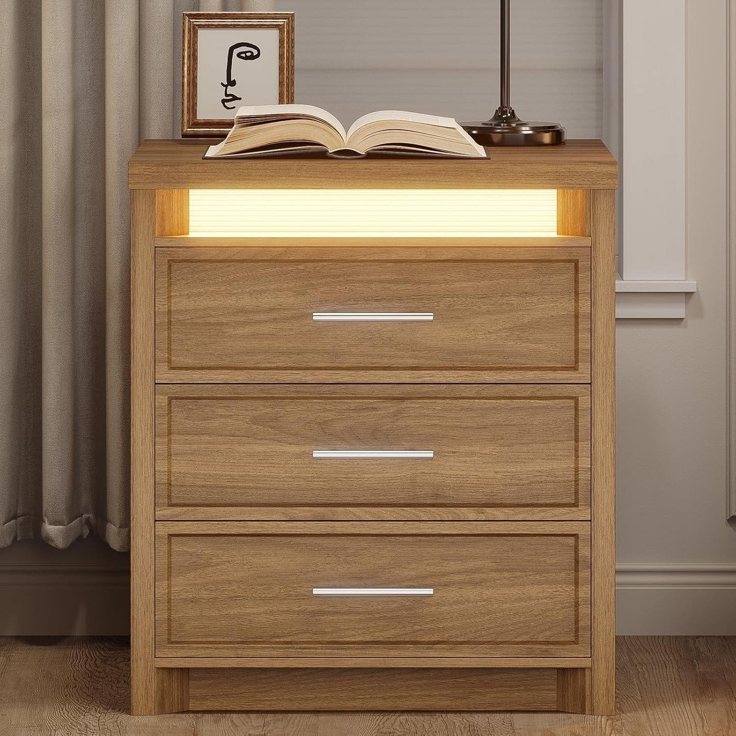 AOGLLATI Nightstands Wood / Engineered Wood / Mid-Century Modern Nightstand with 3 Color Lightbox
