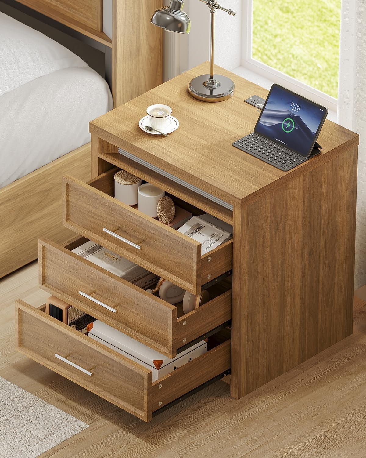 AOGLLATI Nightstands Wood / Engineered Wood / Mid-Century Modern Nightstand with 3 Color Lightbox