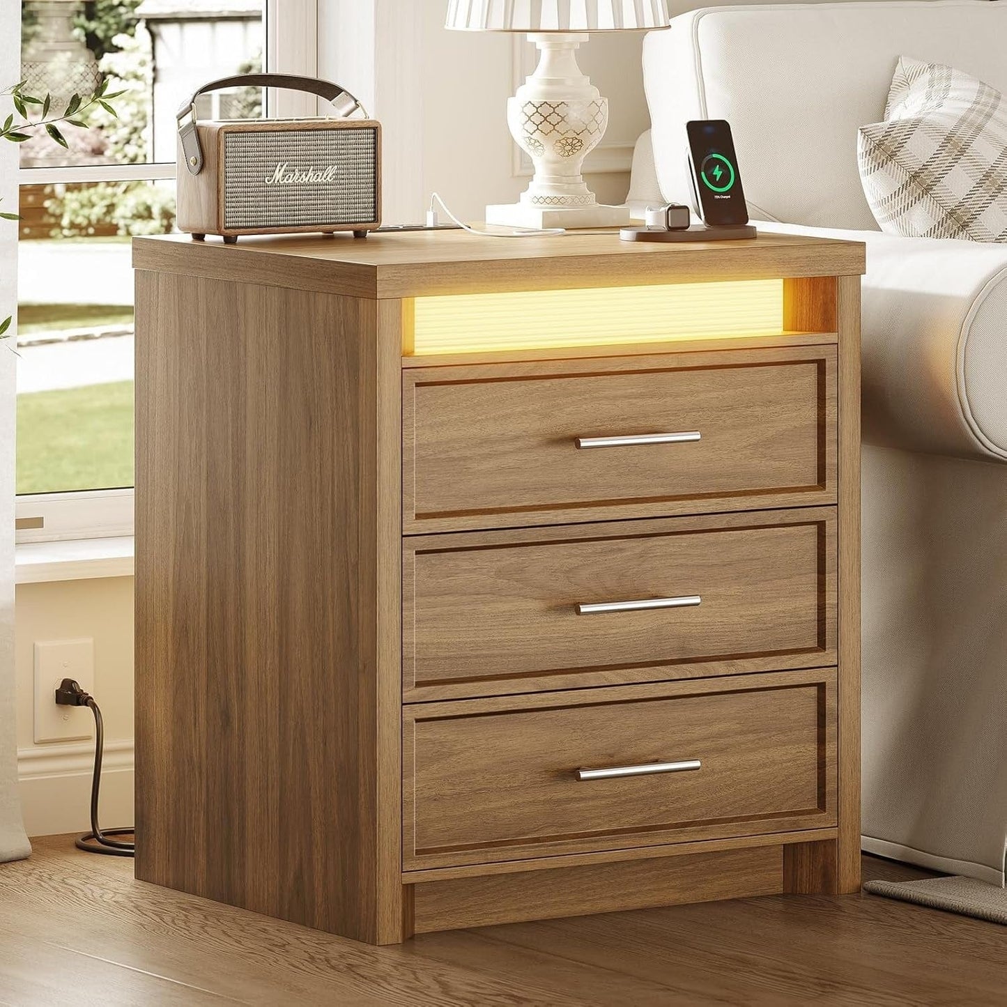 AOGLLATI Nightstands Wood / Engineered Wood / Mid-Century Modern Nightstand with 3 Color Lightbox