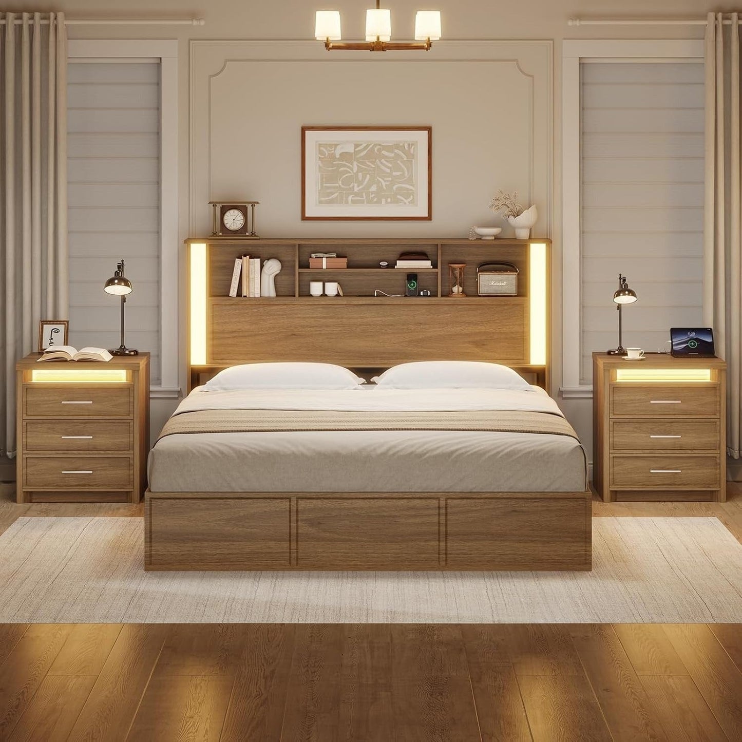 AOGLLATI Nightstands Wood / Engineered Wood / Mid-Century Modern Nightstand with 3 Color Lightbox