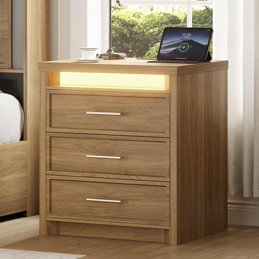 AOGLLATI Nightstands Wood / Engineered Wood / Mid-Century Modern Nightstand with 3 Color Lightbox