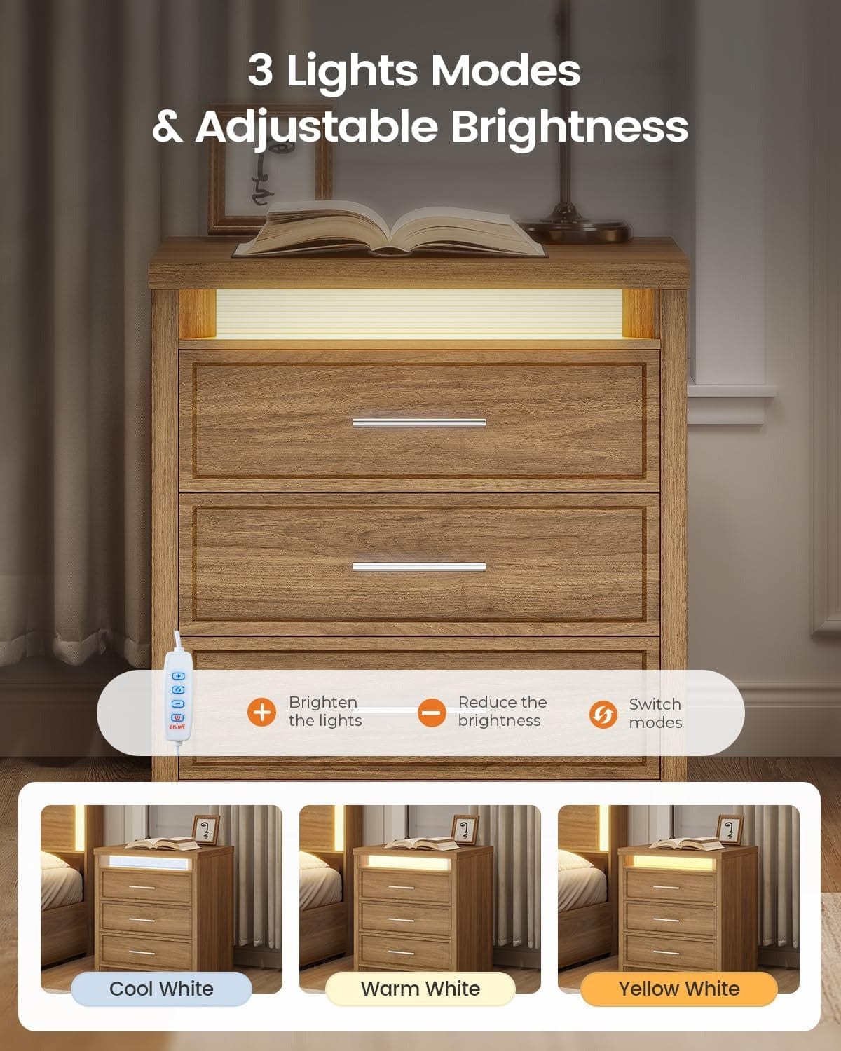 AOGLLATI Nightstands Wood / Engineered Wood / Mid-Century Modern Nightstand with 3 Color Lightbox