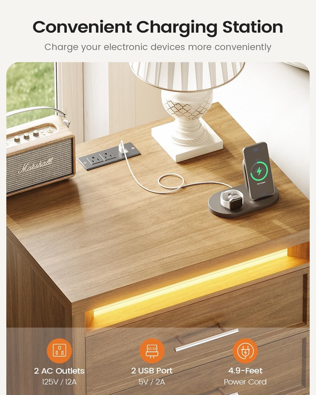 AOGLLATI Nightstands Wood / Engineered Wood / Mid-Century Modern Nightstand with 3 Color Lightbox