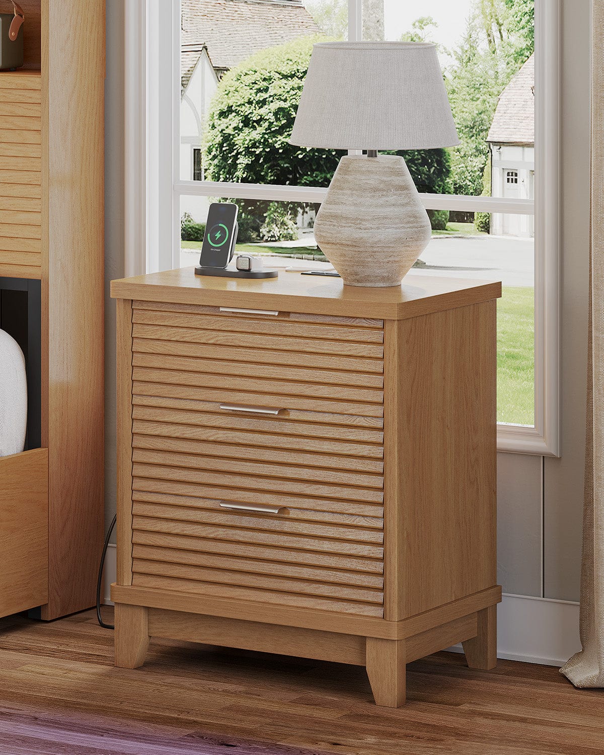 AOGLLATI Nightstands Wood / Engineered Wood / Mid-Century Modern Slanted Louvered Design Nightstand