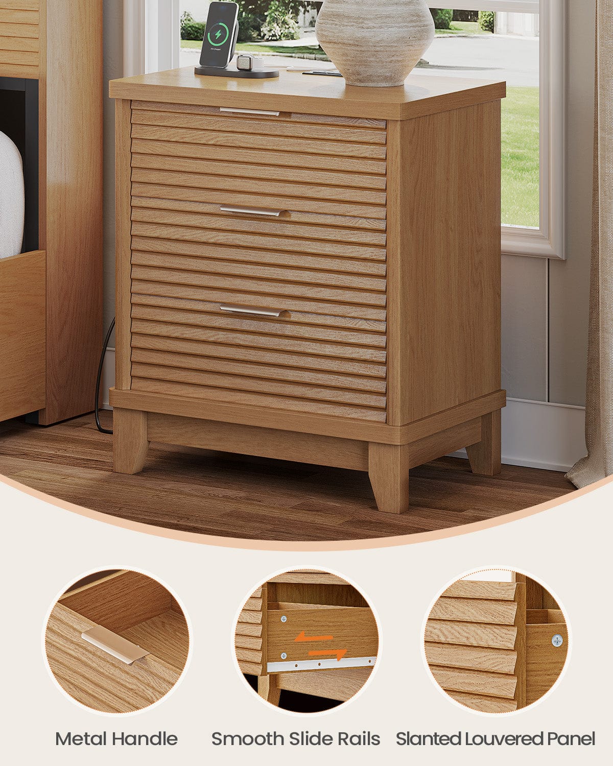 AOGLLATI Nightstands Wood / Engineered Wood / Mid-Century Modern Slanted Louvered Design Nightstand