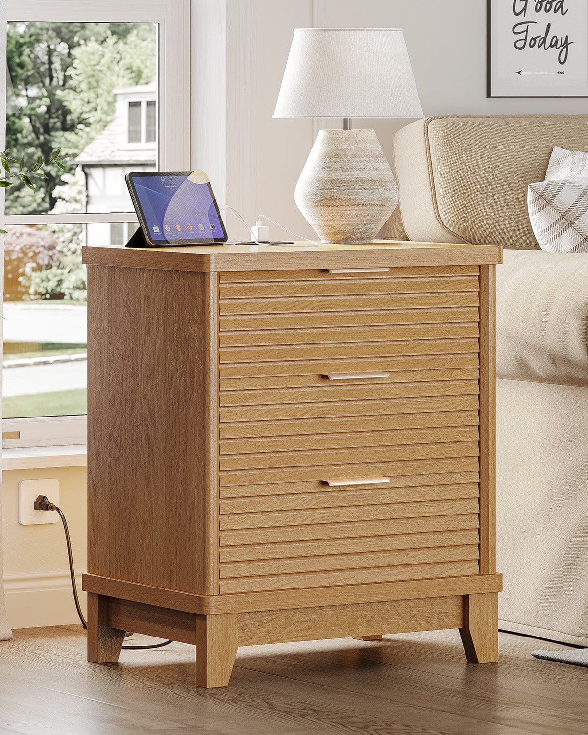 AOGLLATI Nightstands Wood / Engineered Wood / Mid-Century Modern Slanted Louvered Design Nightstand