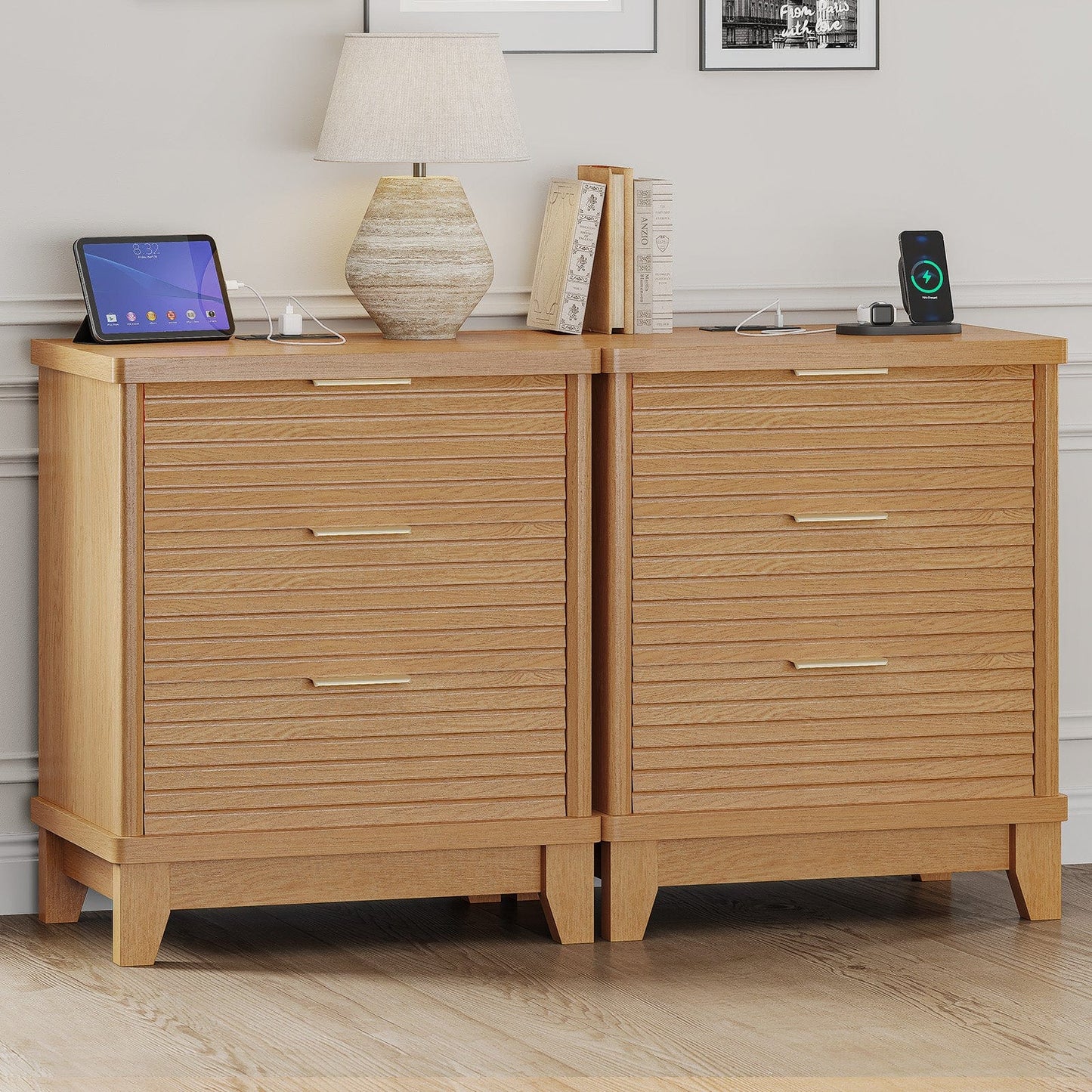 AOGLLATI Nightstands Wood / Engineered Wood / Mid-Century Modern Slanted Louvered Design Nightstand