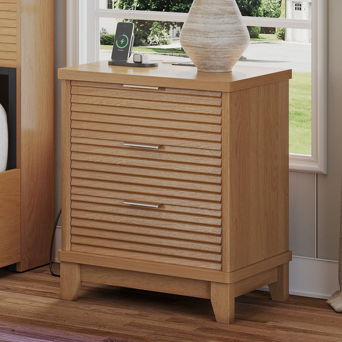 AOGLLATI Nightstands Wood / Engineered Wood / Mid-Century Modern Slanted Louvered Design Nightstand