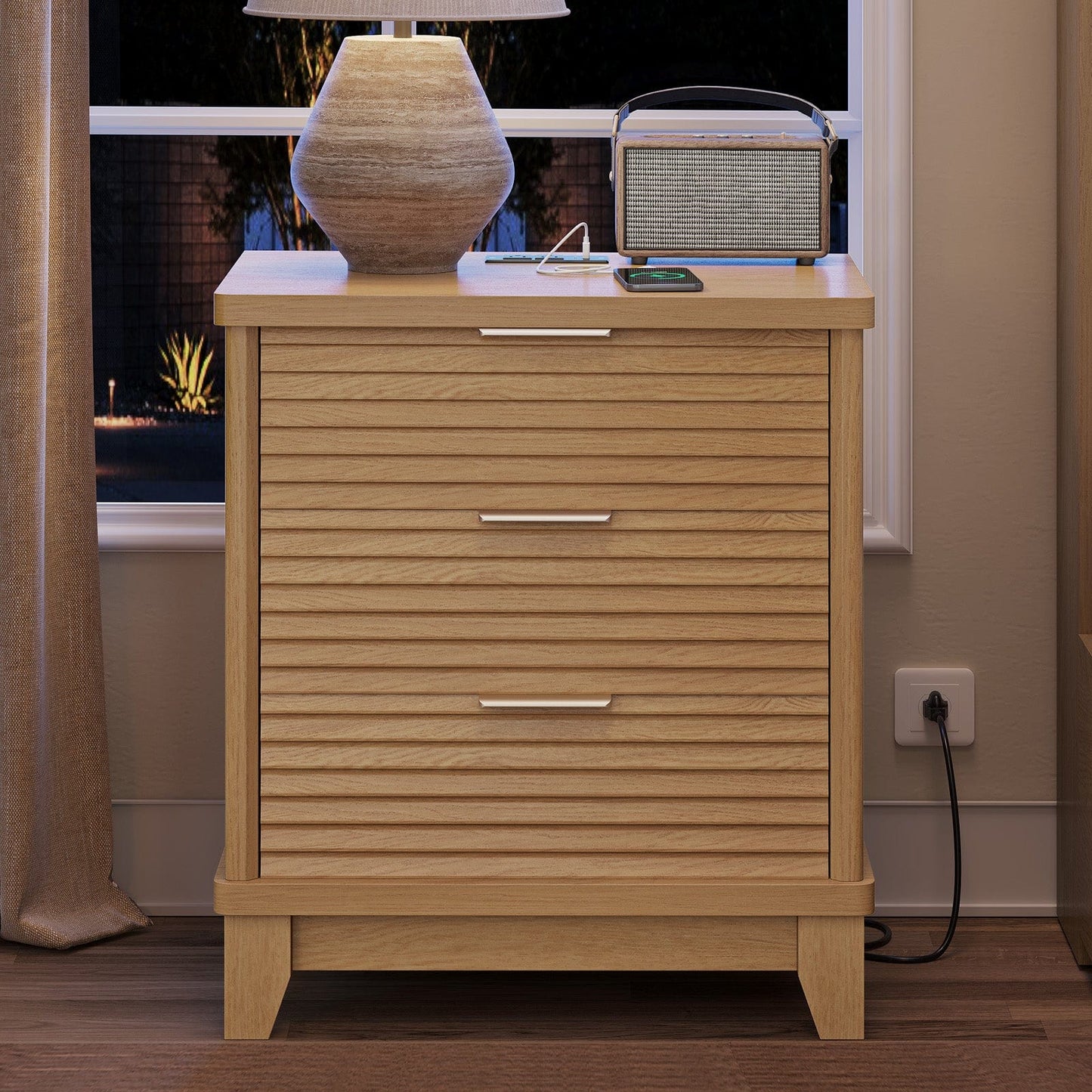 AOGLLATI Nightstands Wood / Engineered Wood / Mid-Century Modern Slanted Louvered Design Nightstand