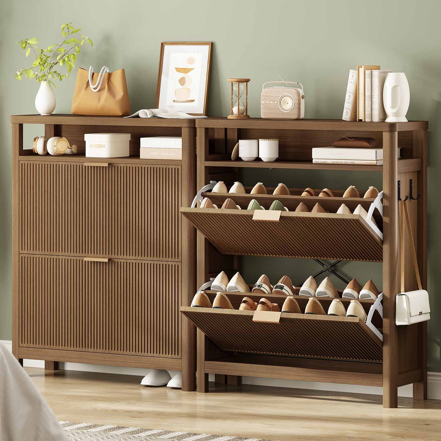 AOGLLATI Shoe Cabinet Wood / Engineered Wood / Mid-Century Modern Narrow Fluted Shoe Cabinet Storage Wood