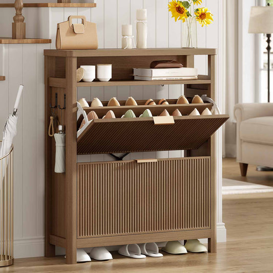 AOGLLATI Shoe Cabinet Wood / Engineered Wood / Mid-Century Modern Narrow Fluted Shoe Cabinet Storage Wood