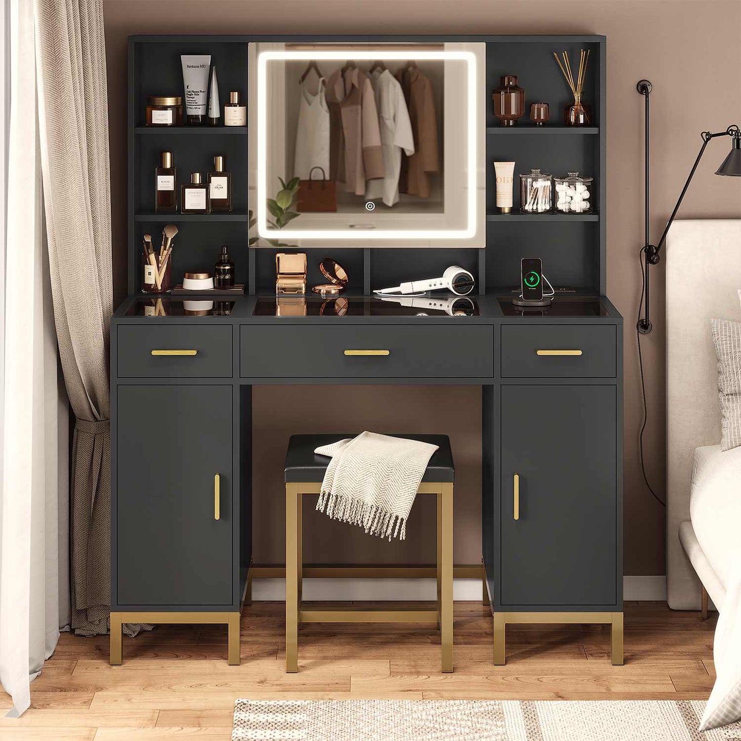 AOGLLATI Vanity Black / Engineered Wood / Modern AOGLLATI Makeup Vanity Set Glass Top with Lights Black