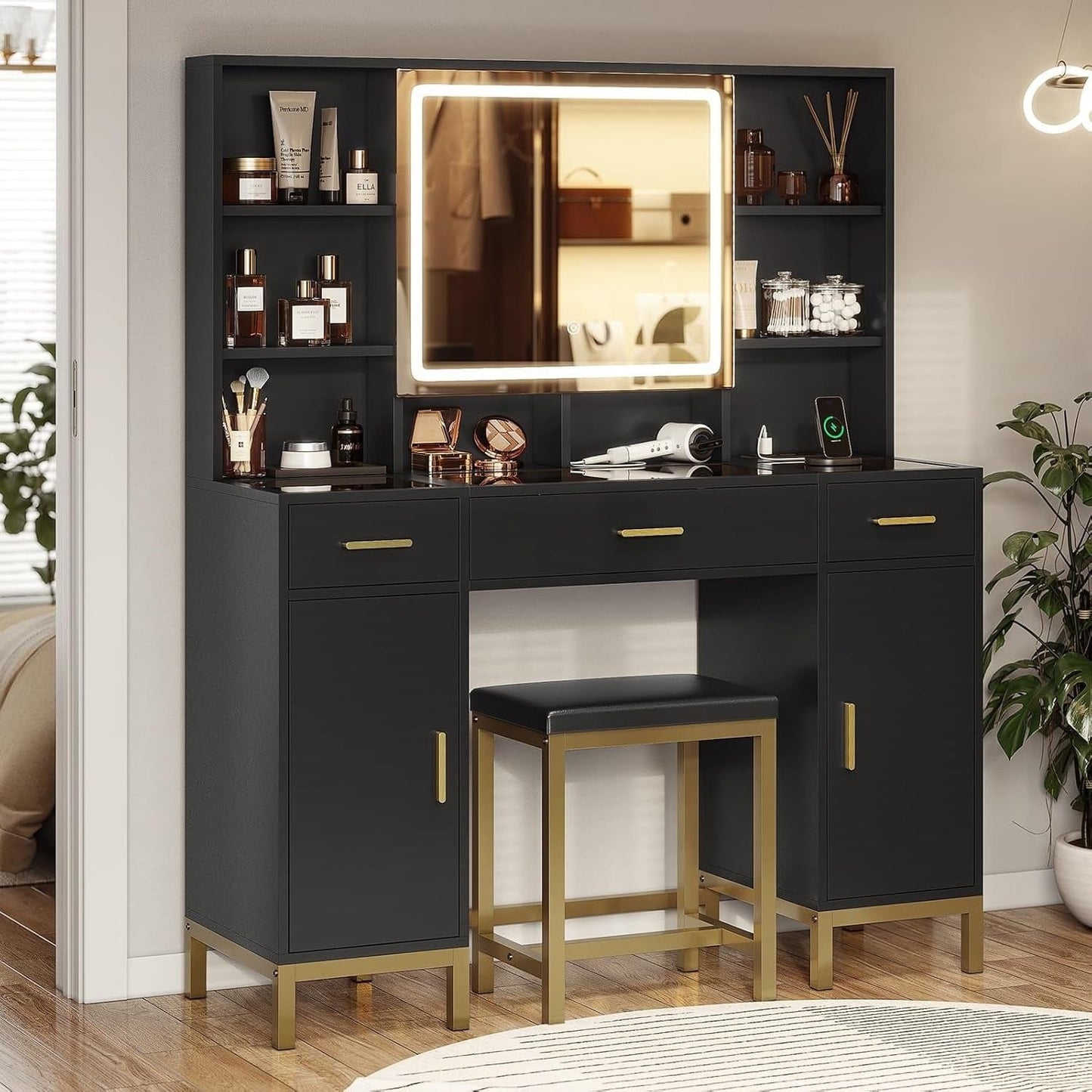 AOGLLATI Vanity Black / Engineered Wood / Modern AOGLLATI Makeup Vanity Set Glass Top with Lights Black
