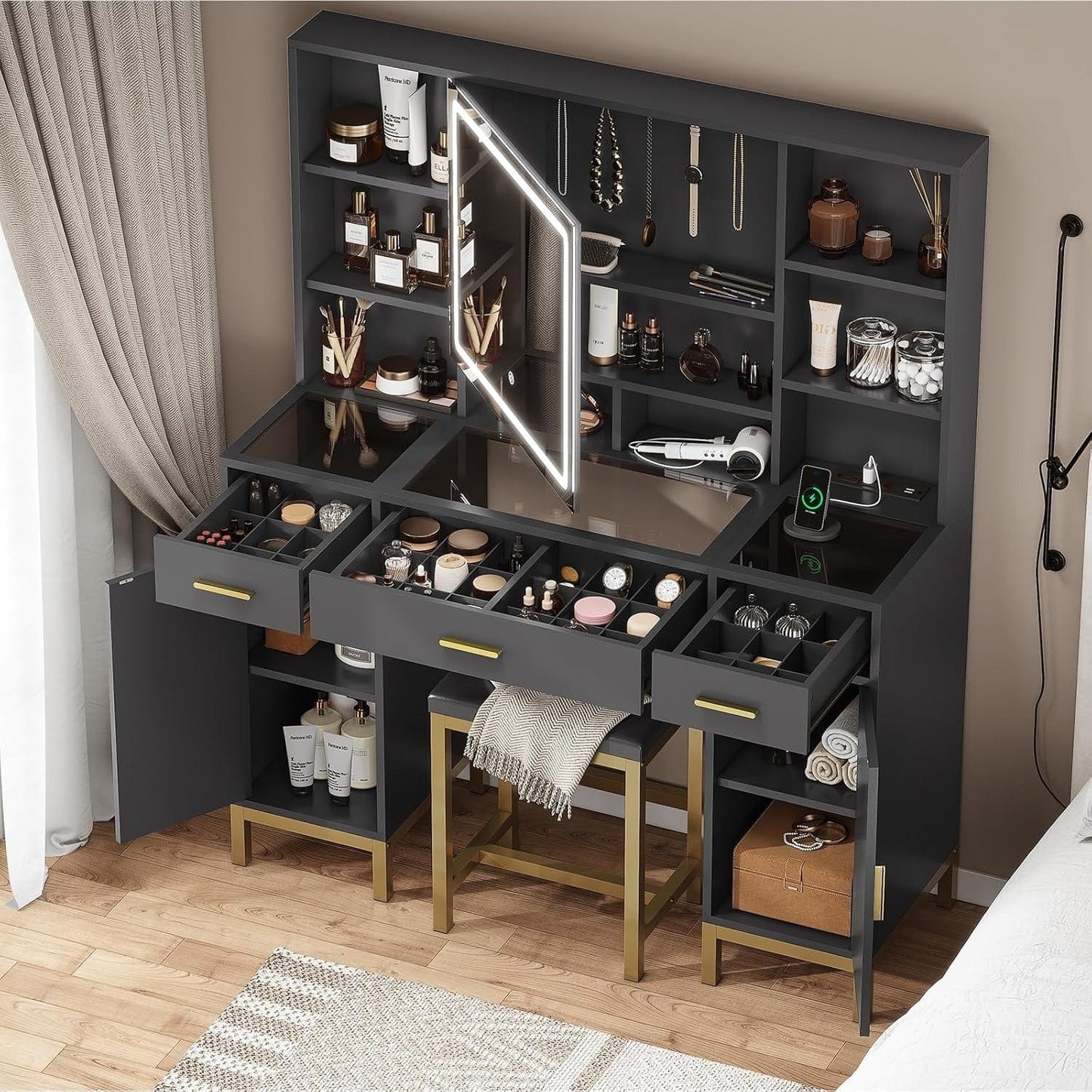 AOGLLATI Vanity Black / Engineered Wood / Modern AOGLLATI Makeup Vanity Set Glass Top with Lights Black