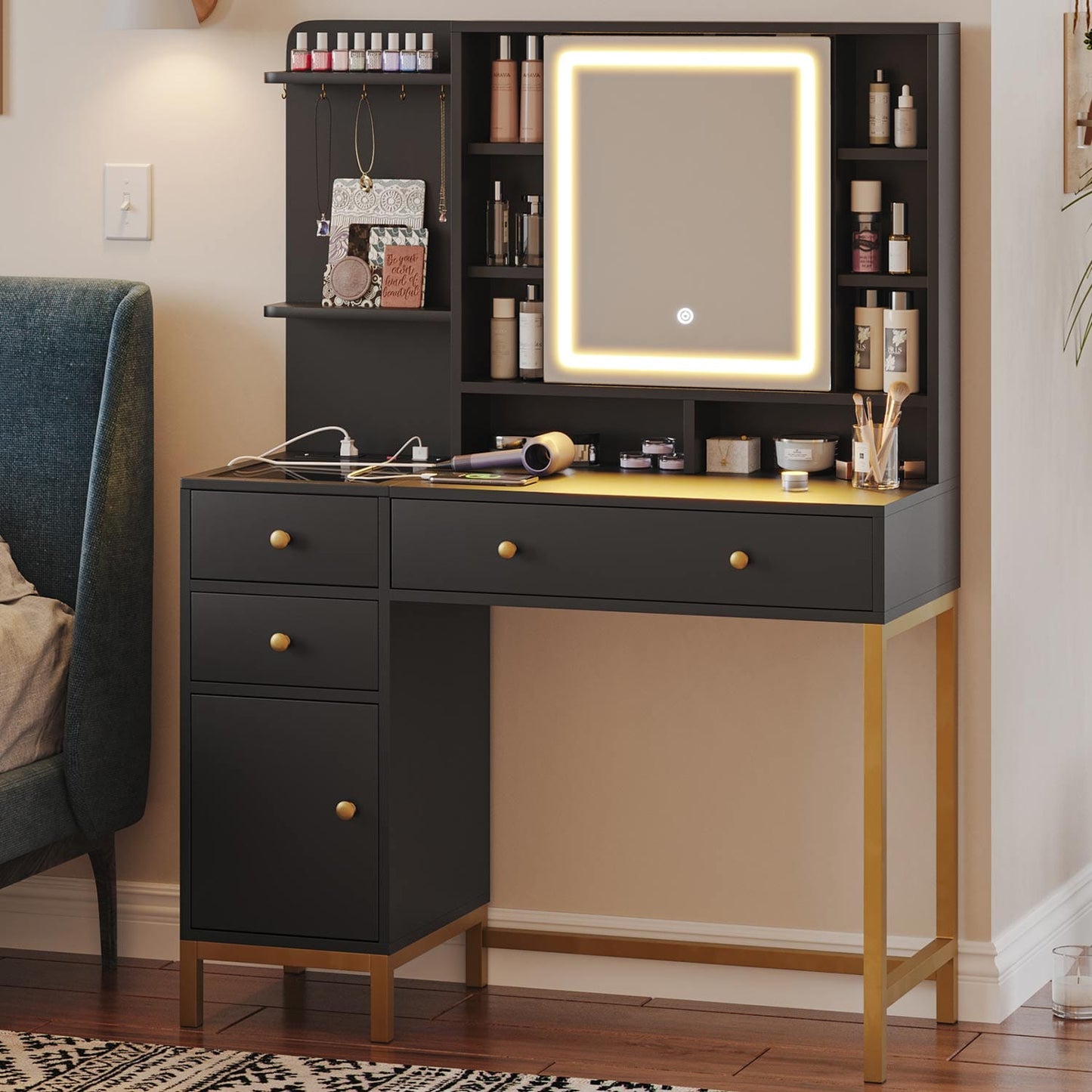 AOGLLATI Vanity Black / Glass / Modern AOGLLATI Makeup Vanity with Visible Drawers Black