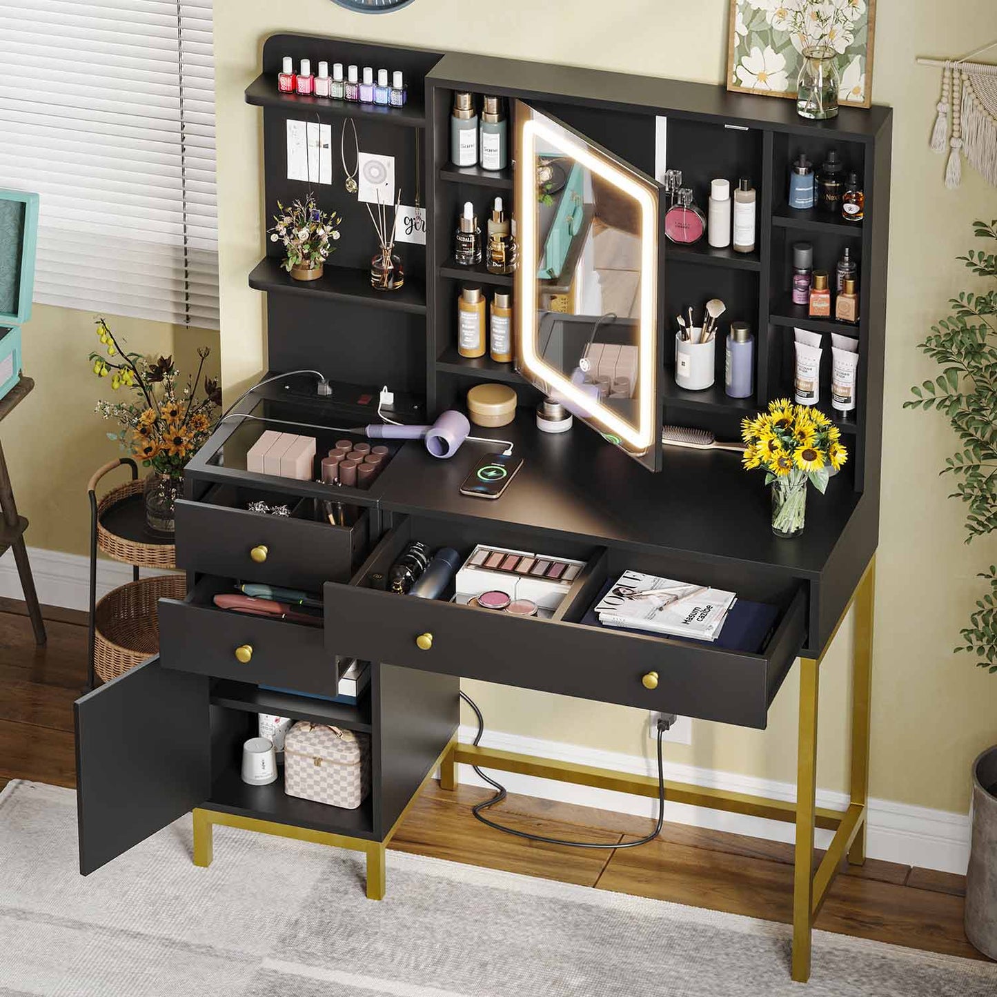 AOGLLATI Vanity Black / Glass / Modern AOGLLATI Makeup Vanity with Visible Drawers Black
