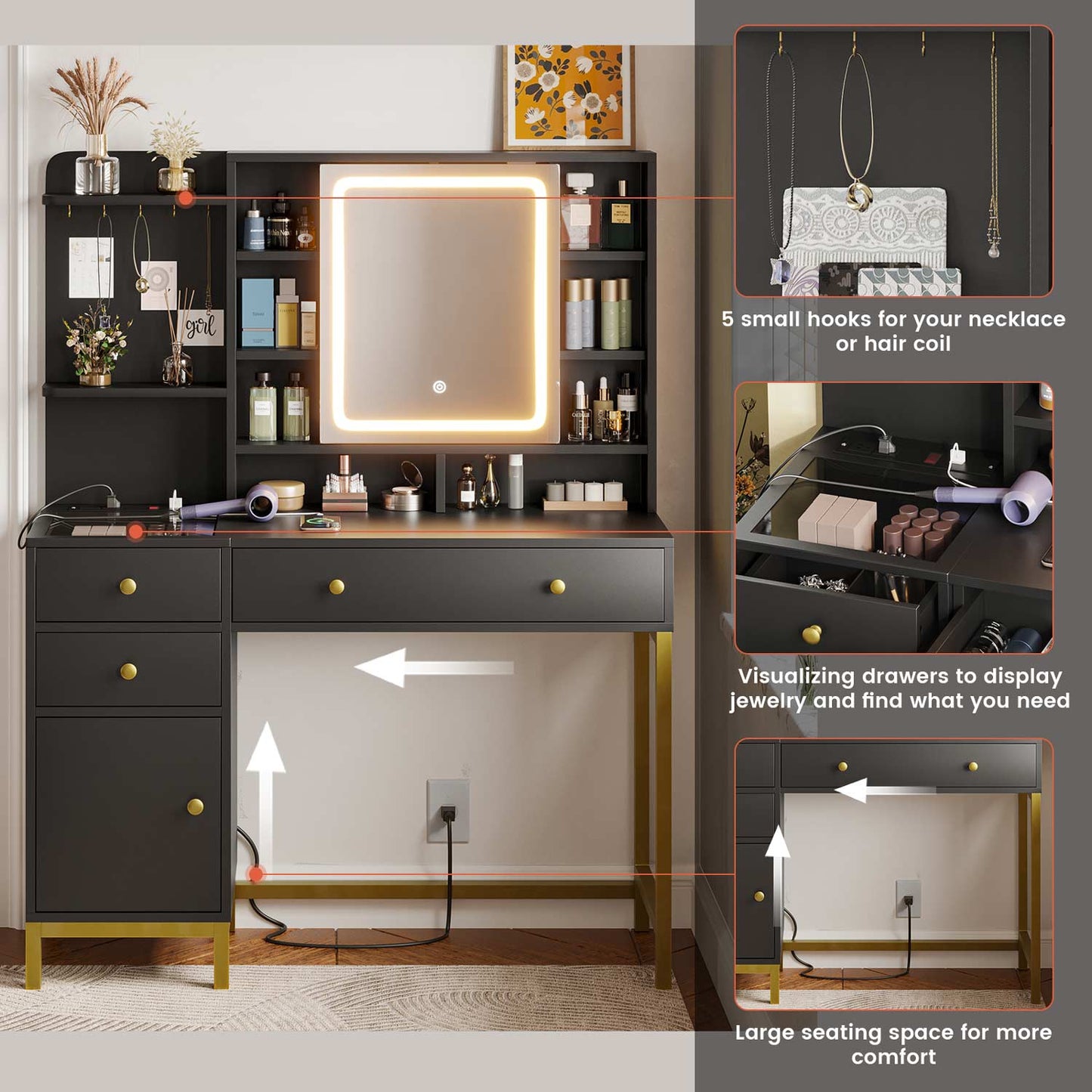 AOGLLATI Vanity Black / Glass / Modern AOGLLATI Makeup Vanity with Visible Drawers Black
