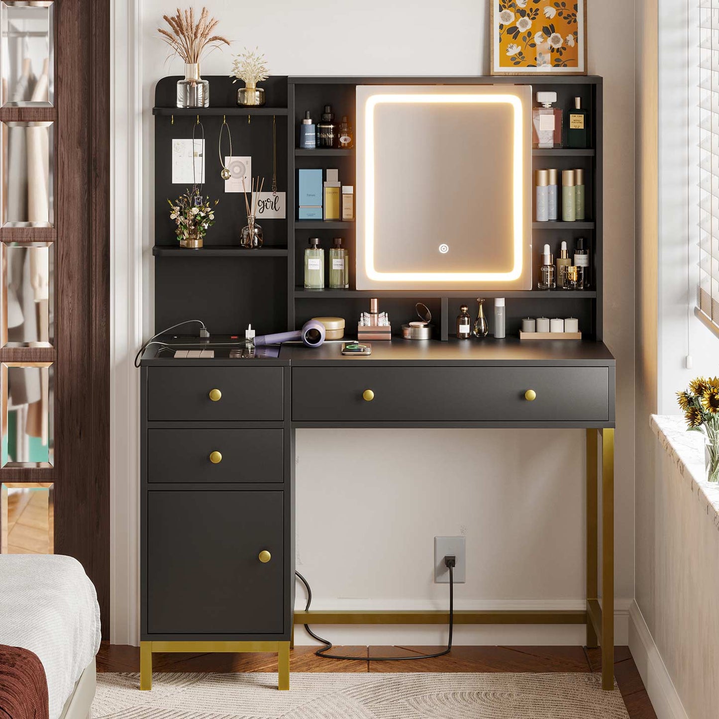AOGLLATI Vanity Black / Glass / Modern AOGLLATI Makeup Vanity with Visible Drawers Black