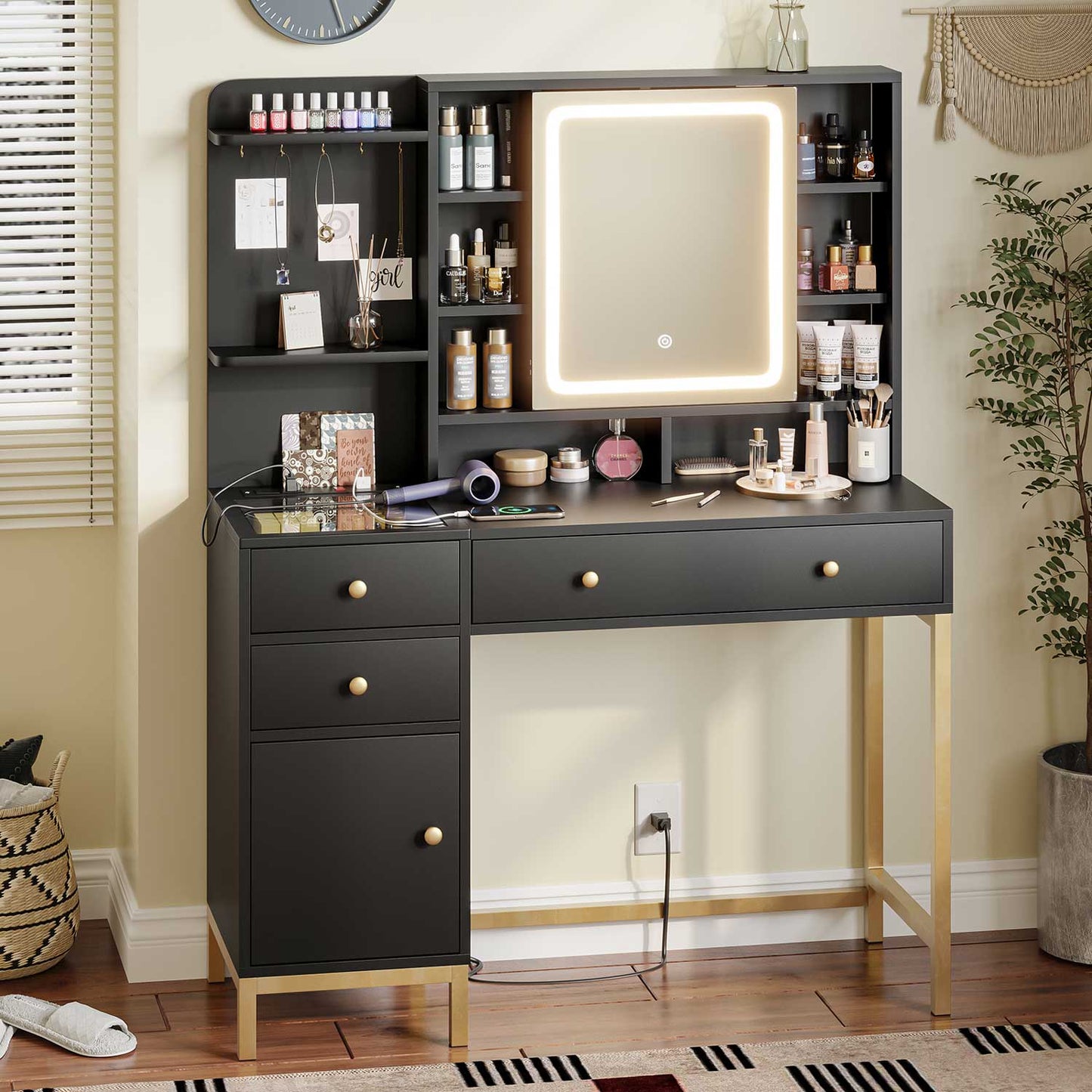 AOGLLATI Vanity Black / Glass / Modern AOGLLATI Makeup Vanity with Visible Drawers Black