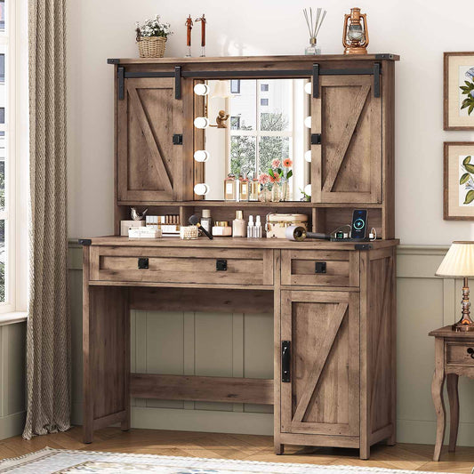 AOGLLATI Vanity Brown / Engineered Wood / Farmhouse AOGLLATI Makeup Vanity with Lights & Barn Doors Brown