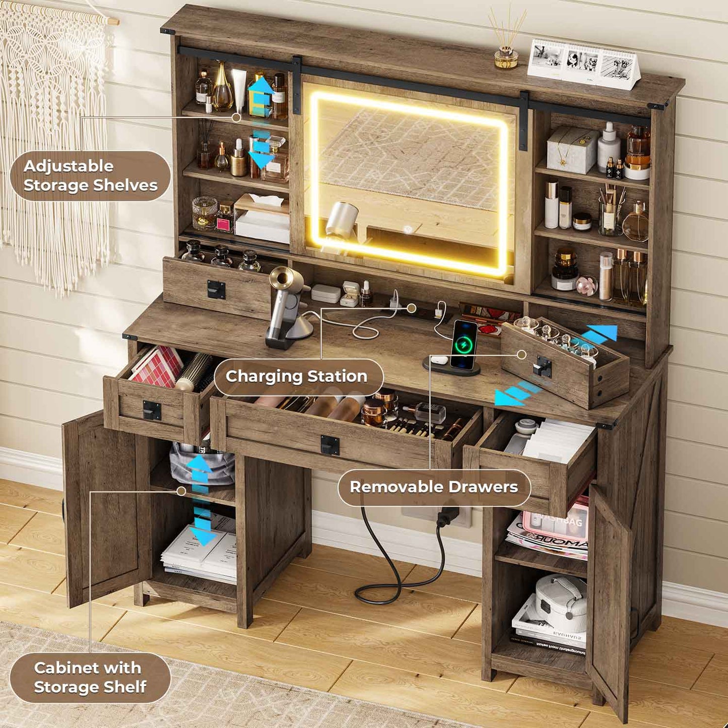 AOGLLATI Vanity Brown / Engineered Wood / Modern AOGLALTI Farmhouse Makeup Vanity with Lights & Charging Station Brown