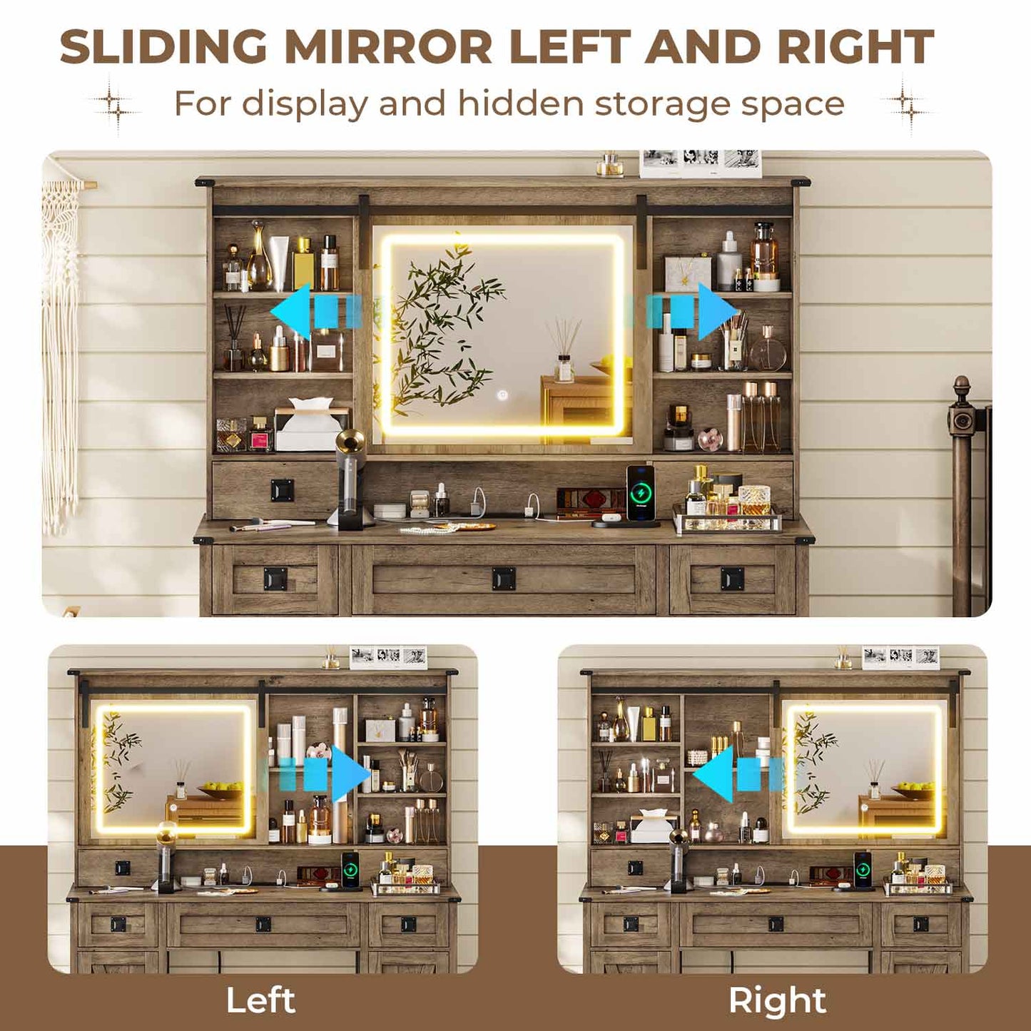AOGLLATI Vanity Brown / Engineered Wood / Modern AOGLALTI Farmhouse Makeup Vanity with Lights & Charging Station Brown